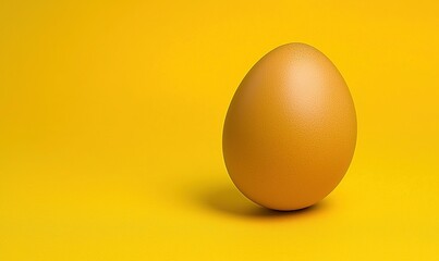 Single brown egg casting shadow stands out on bright yellow background. Simple. Minimalist