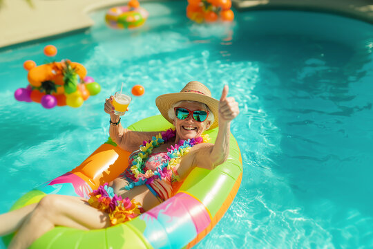 Smiling elderly woman floating in a pool with an inflatable ring