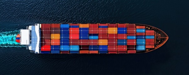 Import Tariffs policy strategy concept. Large cargo ship sailing through calm waters, filled with colorful containers.