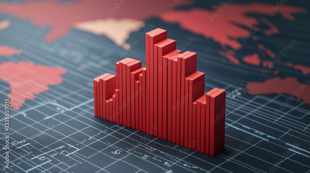 Poster import tariffs policy strategy concept. 3d bar graph on a world map background representing data ana