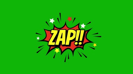 A comic strip cartoon animation, with the word zap appearing. cartoon bubble explosions.  zap comic text message animation on green screen background. 4k - Powered by Adobe