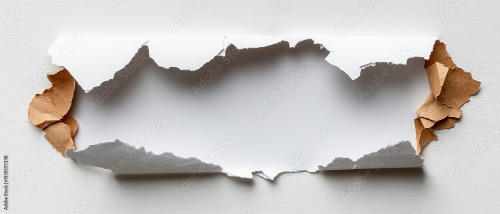 Aufkleber abstract torn paper revealing a blank space for text or image with textured white background and bro