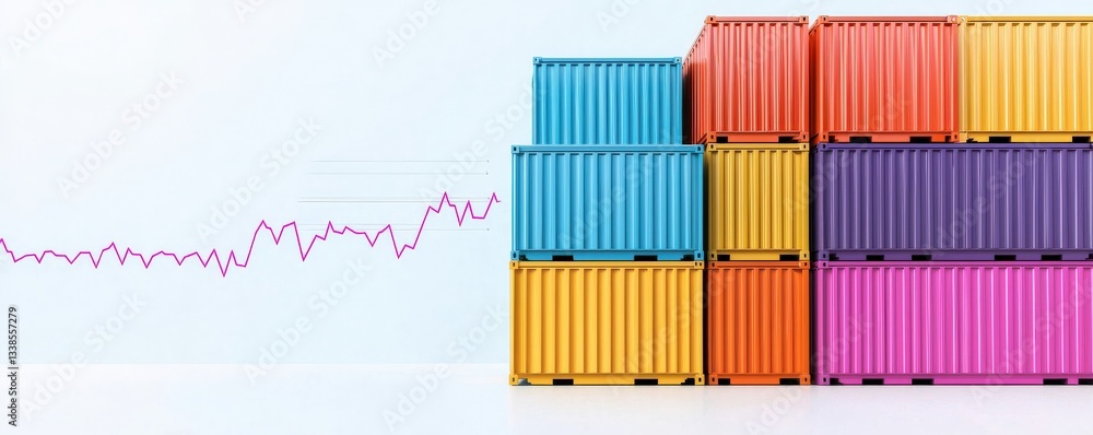 Poster import tariffs policy strategy concept. colorful shipping containers with a rising graph indicative 