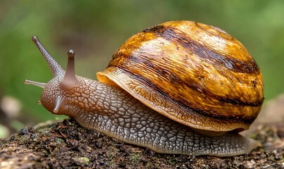 Snail resting on tree branch. Shell is brown-striped, with two stalks emerging from its head in a natural environment