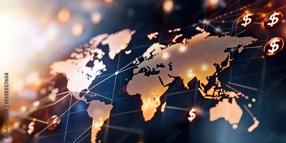 Aufkleber import tariffs policy strategy concept. digital world map with dollar symbols and network connection