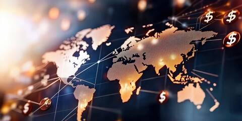 Import Tariffs policy strategy concept. Digital world map with dollar symbols and network connections.