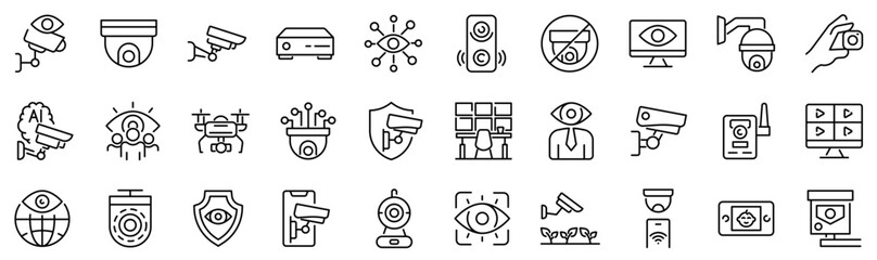 Set of 30 outline icons related to cctv, surveillance. Linear icon collection. Editable stroke. Vector illustration