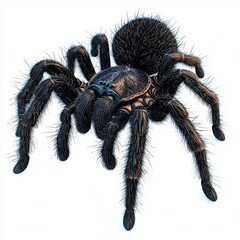 Close-up of a detailed black tarantula against a stark white background showcasing intricate textures and features
