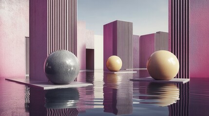 Abstract spheres with pink architecture.
