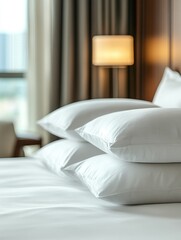 Serene hotel room featuring pristine white pillows stacked neatly on a comfortable bed inviting relaxation and restful sleep in a cozy setting