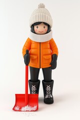 Cheerful Cartoon Character in Winter Attire Equipped with a Red Shovel Ready for Snow Removal