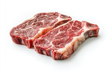 Obraz premium A plate with two slices of steak served on a white background, suitable for food and restaurant imagery
