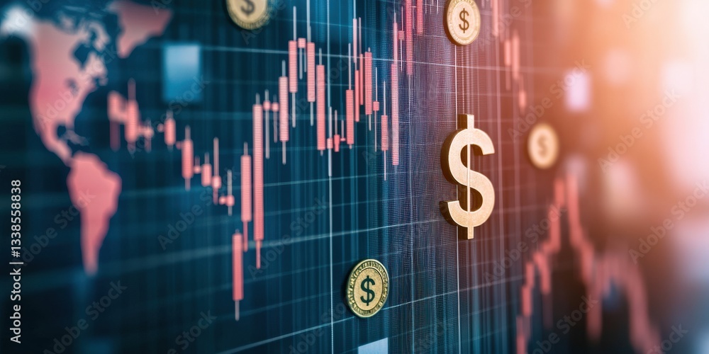 Aufkleber import tariffs policy strategy concept. financial data visualization with dollar symbols and graphs.