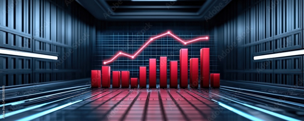 Aufkleber import tariffs policy strategy concept. 3d bar graph with red and gray elements on a futuristic back