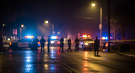 Blurred Background of Police Flashing Lights at a Crime Scene