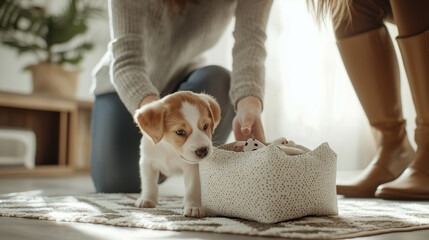 A child receiving a dog bed with a playful puppy nearby