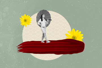 Trend artwork banner sketch 3D photo collage of youung woman walk outdoors hand hold umbrella daisy...