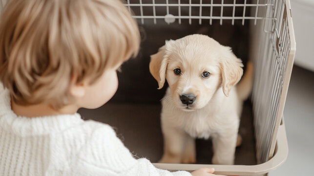 A child looking into a pet store crate with a wagging dog