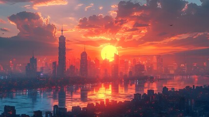 Captivating Futuristic Cityscape Against Breathtaking Sunset Skyline