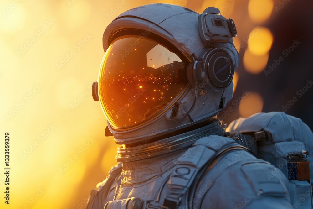 Poster close-up view of a person wearing a space suit, ready for exploration or adventure