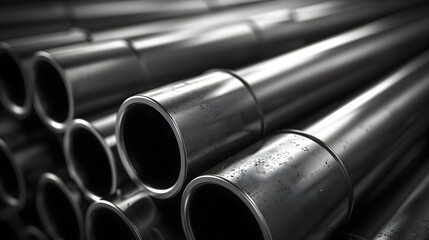 A stack of steel pipes in an industrial warehouse setting showcasing a modern minimalist monochrome background