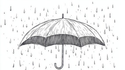 Hand-drawn umbrella illustration with falling rain droplets graphic
