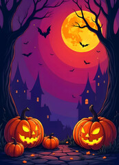 Fototapeta premium Purple halloween background with pumpkins and bats, Color halloween party invitation with pumpkin and bats, spooky abstract design, Cartoon Pumpkin dark fall pumpkin decoration card template design