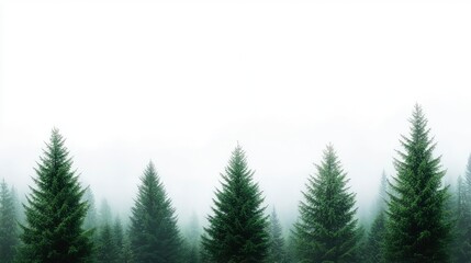 Misty forest with evergreen trees, creating a serene and peaceful atmosphere.