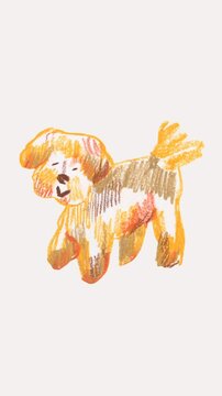 Animation with cute maltipoo dog.
 Animalistic vertical video with illustration drawn with wax crayons and oil pastels in a childish style