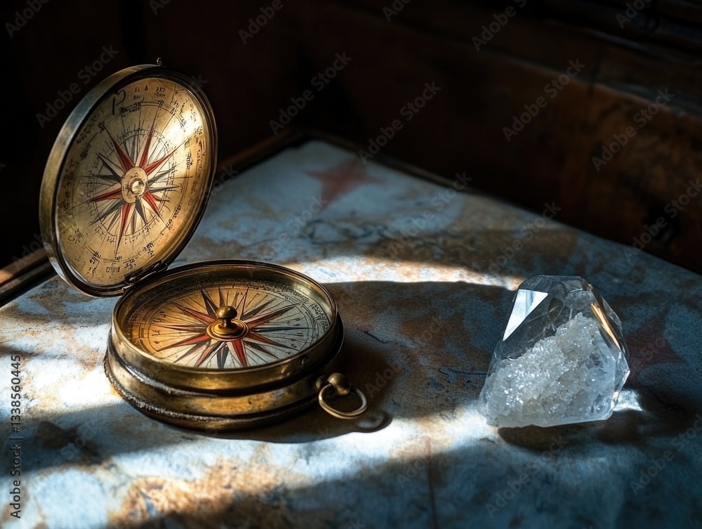 Poster a compass sits on a table next to a rock, suitable for use in still life or travel scenes