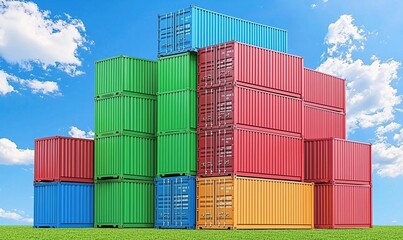 Fototapeta premium Stacked colorful metal containers arranged on green grass against a bright blue sky with fluffy white clouds