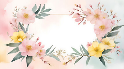 Fototapeta premium Beautiful smooth floral frame with soft pink and yellow blossoms on a watercolor abstract background.