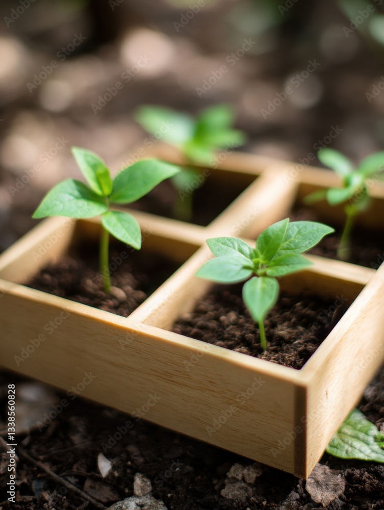 Poster seedling growth in wooden container on soil surface under soft light showcasing new life and gardeni