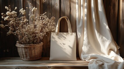 Tote bag or shopper Mock-up template in modern minimalist aesthetic. Organic template for product showcase with copy space. Bohemian stationery for local business with place for text.