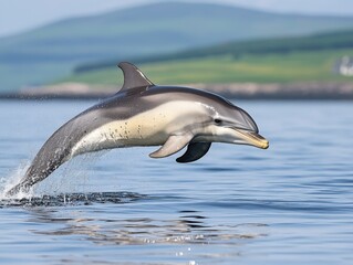 Agile dolphin leaps from the serene ocean water under a tranquil sky with distant green hills backdrop