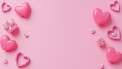 Happy mother's day realistic background with pink heart shaped for Love greeting card, poster on pink pastel background. Festive frame. Valentine's Day, Mother's Day, Wedding. 3d render illustration