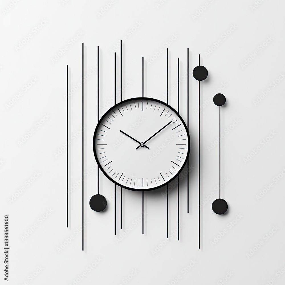 Poster modern minimalist black wall clock with vertical lines and circles design element on white backgroun