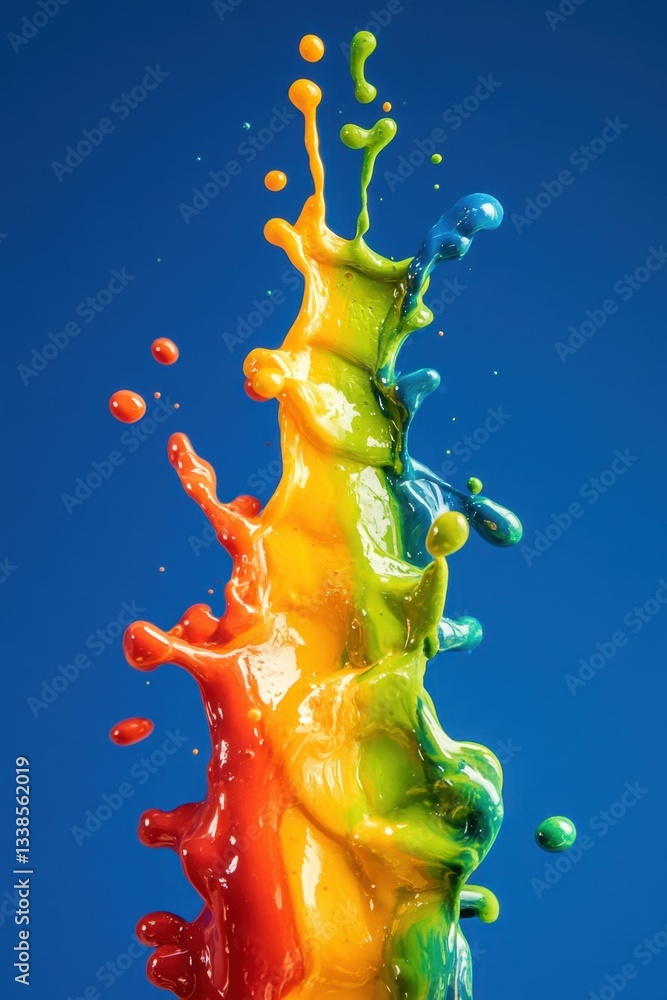 Poster vibrant splash of rainbow colored paint against a bold blue backdrop creating dynamic visual art and
