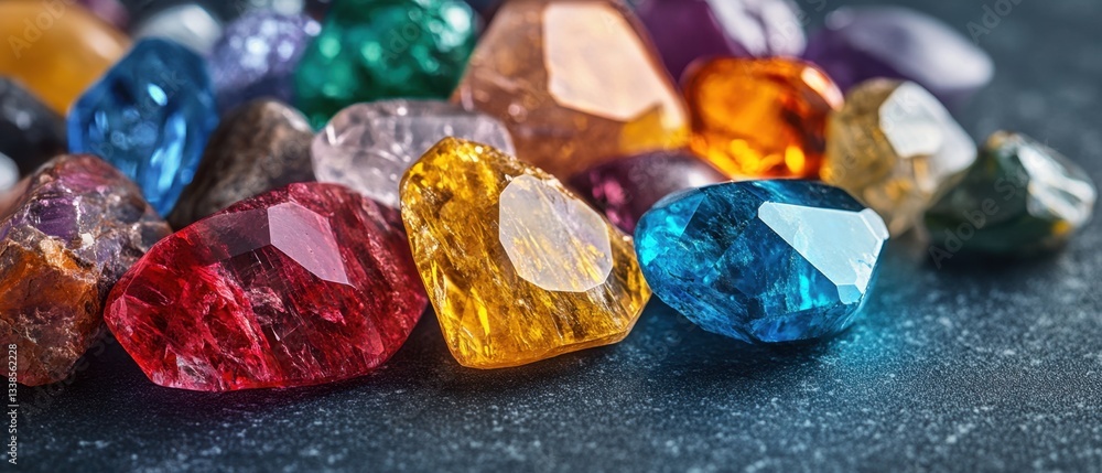 Poster collection of colorful gemstones displayed on dark surface capturing light and sparkle with macro le