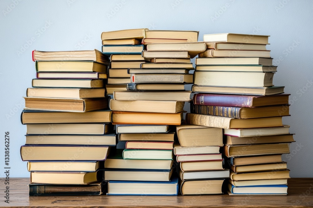 Poster Stack of books placed on wooden table with minimal background