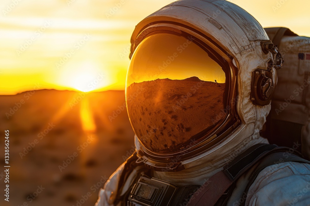 Poster astronaut standing in the middle of a desert, wearing a spacesuit and holding a helmet