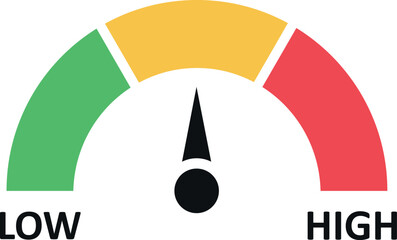 Vector speedometer meter with arrow for dashboard with green, yellow, orange and red indicators