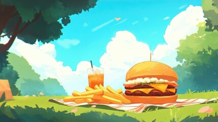 Summer Picnic Burger, Fries, and Drink on a Sunny Day in Nature and Park Environment with a Blanket and Picnic Basket During Summer Season for Lunch or Meal Outdoor Dining Experience Illustration