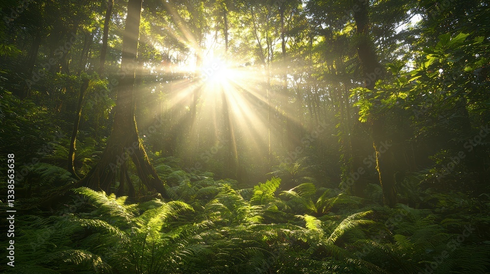 Poster enchanting golden hour light filtering through trees in lush forest