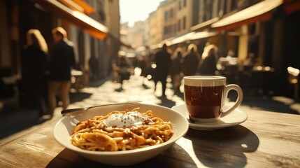 Sunlit Pasta Dish and Coffee on Wooden Table in a Busy Italian Street Food Scene