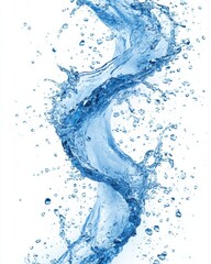Dynamic splash of vibrant blue water swirling in elegant motion against a pristine white backdrop capturing freshness and purity with a clean modern aesthetic