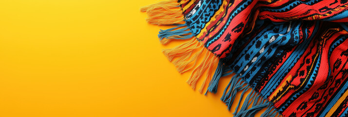 Colorful mexican serape blanket with fringes lies on vibrant yellow background. Mexico national holiday Cinco de Mayo. Horizontal banner