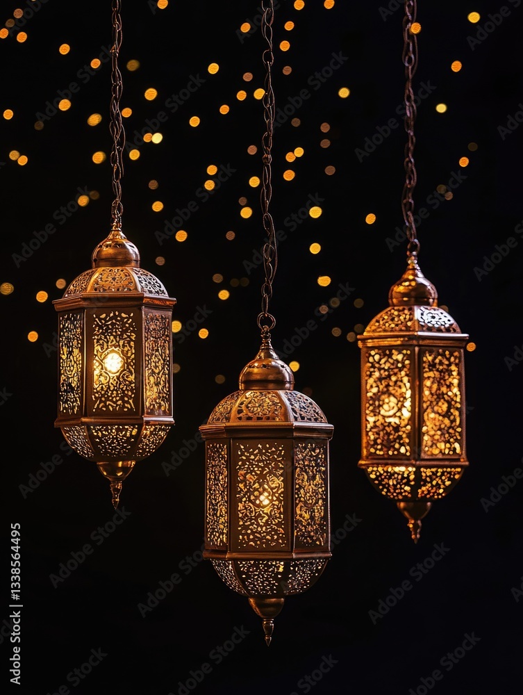 Poster three lanterns hang from above with a warm light background, ideal for use in interior design or eve