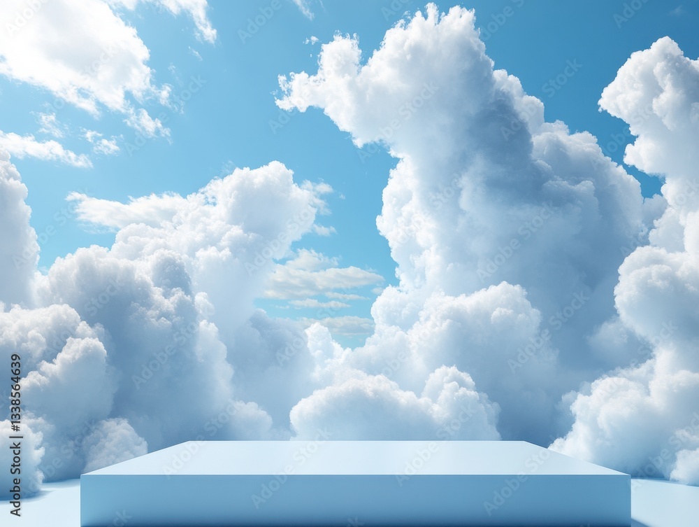 Poster serene sky platform a minimalist stage amidst fluffy clouds and azure sky a captivating backdrop for
