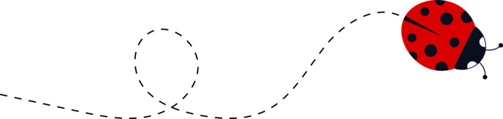 Cute ladybug characters collection. Flying ladybug with dotted path. Ladybugs flying on dotted route. ladybug icon set. Insects group. Vector illustration isolated on white.